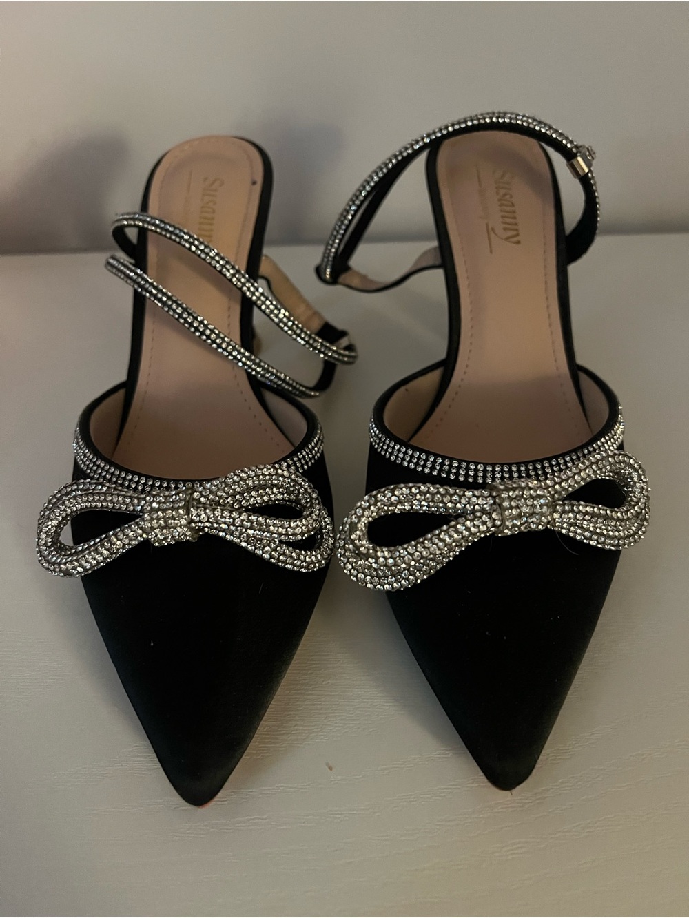 Sergio Rossi Black Pointed-Toe Slingback Flats with Crystal Bow